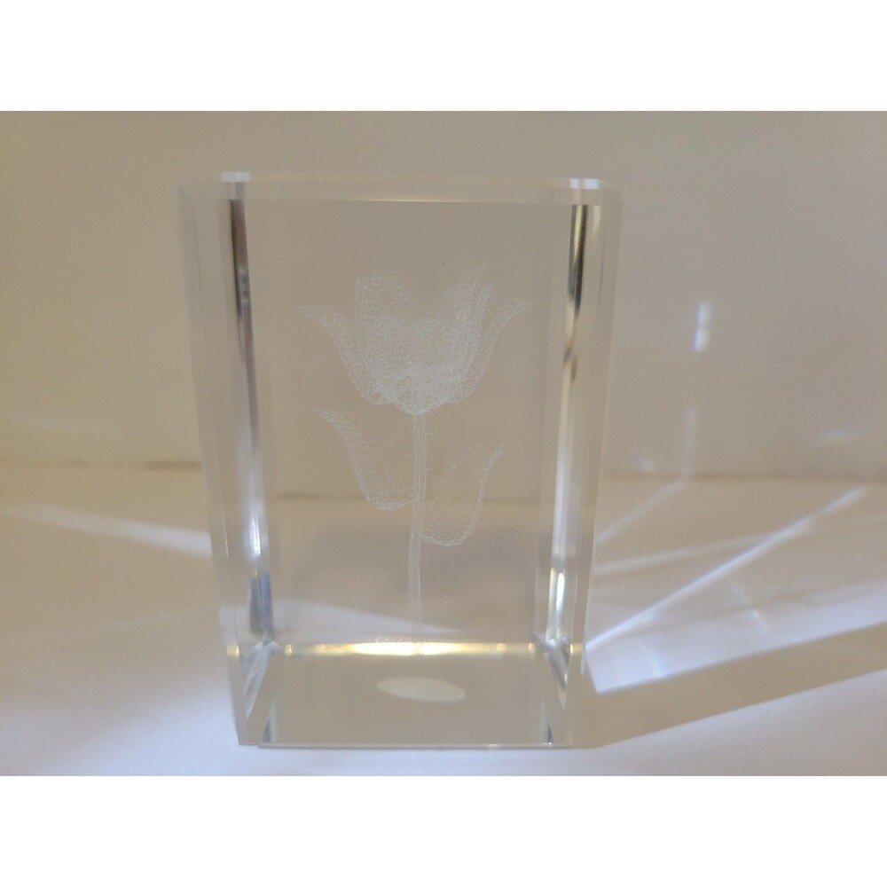 Glass Rose Etched Paperweight Floral Etching Rectangular Flower